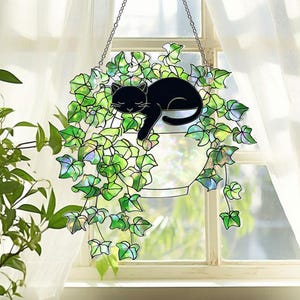 Black Cat Sleeping On Ivy Acrylic Window Hanging, Cat Ornament Window Hanging, Cozy Cat Decor Gift for Cat Lover Book Lovers, Librarian Gift