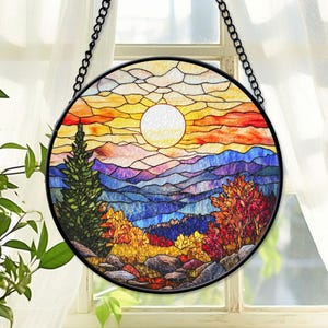 Stained Glass Mountain Range Suncatcher, Sunset Landscape Window Hanging, Mountain Glass Suncatcher, Nature Lover Decor, Gift For Her
