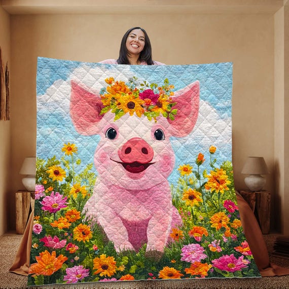 Cute Pig Flower Blanket, Pink Pig Fleece Blanket Cute Gift, Animal