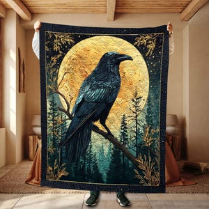 Raven Moon Quilt Blanket, Gothic Crow Throw Blanket for Halloween Decor, Forest Witch Raven Bedding Gift, Spooky Bird Lovers Tapestry