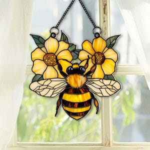 Bee And Flower Acrylic Window Hanging, Honey Bee Window Hangings, Mothers day gift, Bee Ornament, Bee Suncatcher, Gifts for Grandma