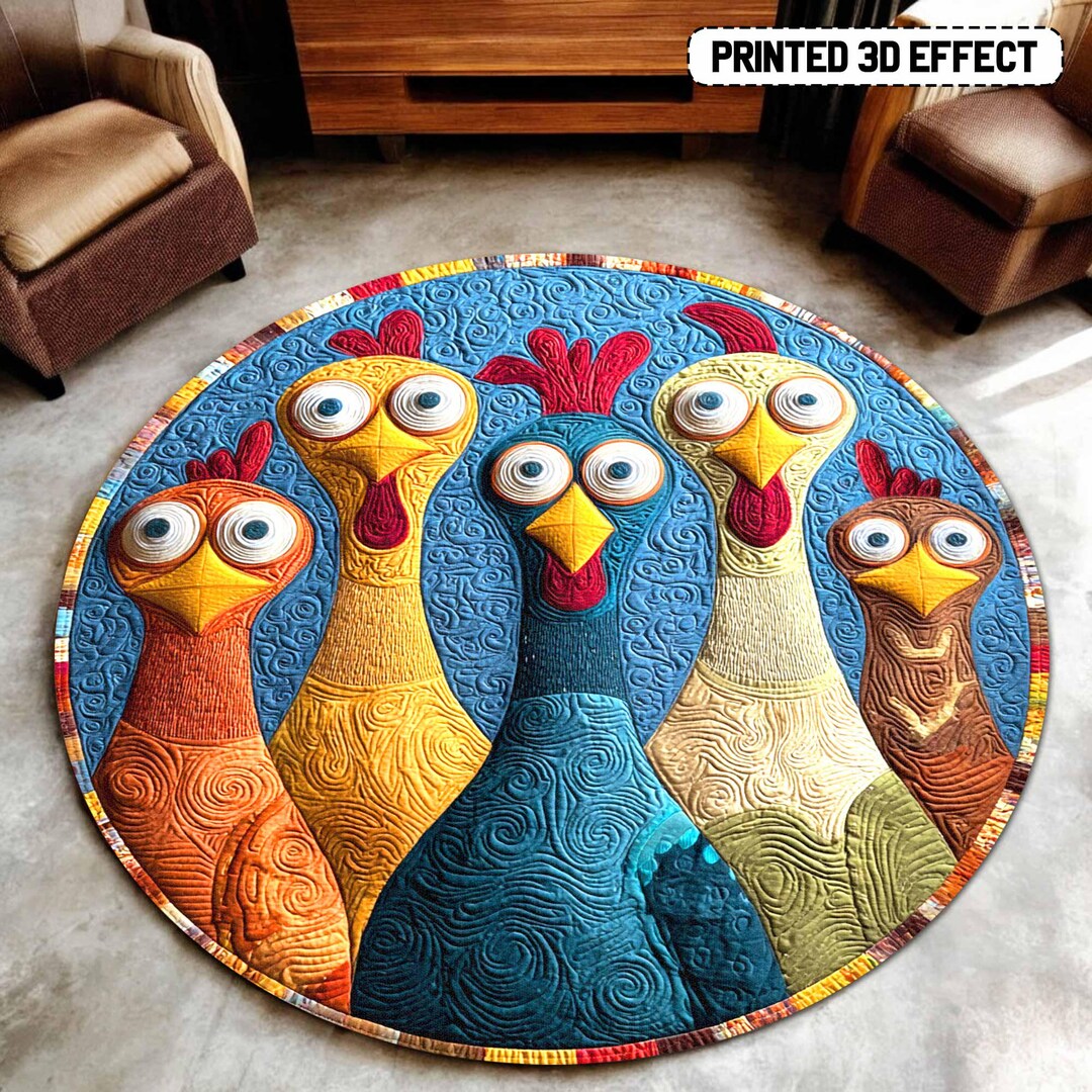 Funny Rooster Round Rug, Cute Chicken Floor Mat, Farmhouse Kitchen ...