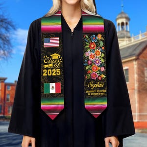 Gepersonaliseerde afstudeersjerp voor Mexicaanse student in het buitenland, sjerp met Mexicaanse vlag, Mexicaanse bloemen borduureffect 3D-geprinte sjerp