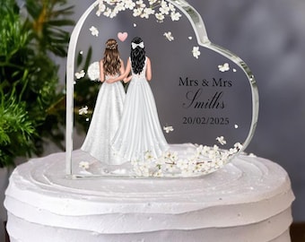 Custom Lesbian Wedding Cake Topper, LGBTQ Wedding Cake Topper Acrylic Block, Heart Wedding Cake Topper, Two Brides - Lesbian Wedding Decor