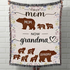 Personalisierte erste Mama - jetzt Oma Bär gewebte Decke, erste Mama - jetzt Oma Idee Geschenk für Muttertag, Geschenk für Mama / Oma