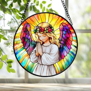 Pray Angel Faux Stained Glass Window Hanging, Christian Gift For Her, Angel Prays Suncatcher Decor For Home