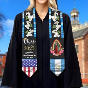 Personalisierte Abschlussschärpe für Guatemala-Studenten im Ausland, Guatemala-Flaggenschärpe, Jungfrau Maria-Schärpe für Abschlussfeier, Klasse von 2025 Geschenk
