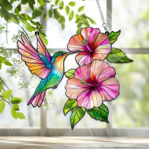 Hummingbird And Hibiscus Acrylic Window Hanging Decor Home, Hummingbird And Hibiscus Suncatcher Decor, Hummingbird Art Wall Hanging