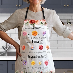 Personalized German Birth Month Flowers Gifts For Mom, Grandma, Zuerst Mama Jetzt Oma Apron, Mother&#39;s Day Gift, Oma Apron, Zuerst Mama Apron