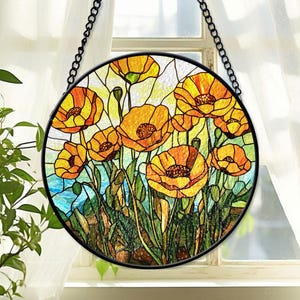 California Poppy Stained Glass Suncatcher, California Poppy Window Hanging , Poppy Lover Home Decoration, Floral Botanical Light Catcher