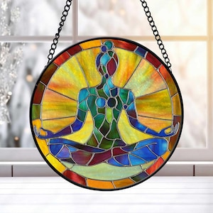 Yoga nep glas-in-lood suncatcher, yogaraam hangend voor yoga-instructeur, cadeau yogaleraar, namaste yoga suncatcher, workout asana cadeau