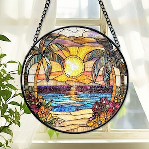 Beach Sunset Stained Glass Suncatcher, Beach Faux Stained Glass, Beach Lover Gifts, Beach Sunrise Suncatcher, Beach Home Decor