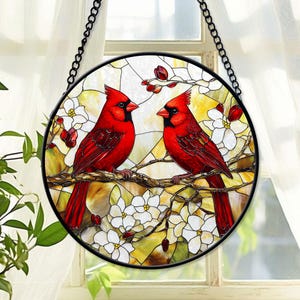 Pareja de cardenales rojos de vidrio de imitación, cardenales con flores, atrapasol, amante de los cardenales, regalo de aniversario, cardenal para colgar en la ventana