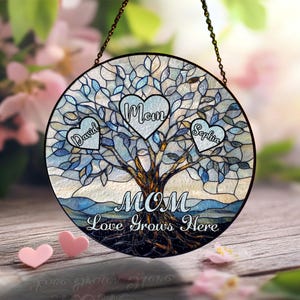Custom Tree Names Window Hanging Suncatcher, Family Names Faux Stained Glass, Gift For Mom Nana Mother Daughter Suncatcher, Mothers Day Gift