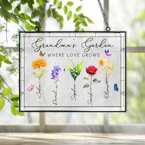 Custom Grandma&#39;s Garden Stained Glass With Grandkid&#39;s Names, Birth Month Flower Window Hanging, Gift For Grandma, Mother&#39;s Day Gift For Mum