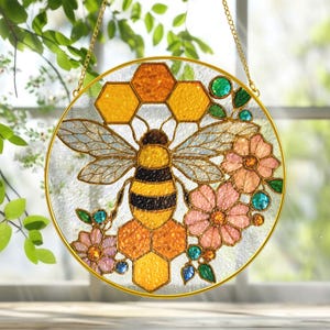 Yellow Suncatcher Honeycomb Faux Stained Glass Suncatcher, Bees Suncatcher, Beehive and Flower Window Hanging Ornament, Bee Keeper gifts