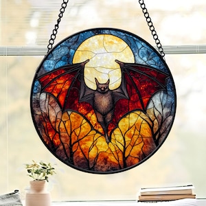 Vollmond und Fledermaus Faux Stain Glass Suncatcher, Halloween Geschenk für Kinder, Vampir Bat Ornament Dekoration für Zuhause