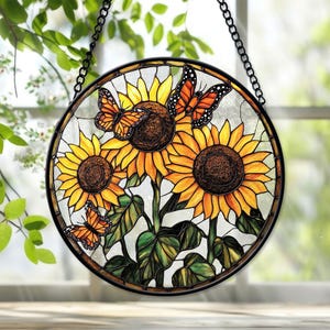 Monarch Butterfly Sunflowers, Sunflower Butterfly Faux Stained Glass, Window Decoration Gift, Sunflowers Butterfly Suncatcher, Gift For Mom