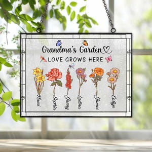 Custom Grandma&#39;s Garden Stained Glass With Grandkid&#39;s Names, Birth Month Flower Window Hanging, Gift For Grandma, Mother&#39;s Day Gift For Mum
