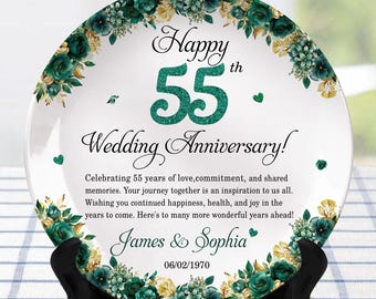 Personalized 55th Emerald Wedding Anniversary Plastic Plate, 55th Anniversary Keepsake Window Hangings, Gift for Couple, Husband/Wife gift