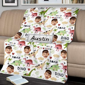 Custom Kids Blanket with Name & Photo, Dinosaur Fleece Blanket for Boys, Personalized Birthday or Back to School Gift