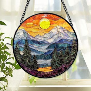 Faux Stained Glass Mountain Suncatcher, Sunset Window Hanging, Nature Scenery Decor, Unique Garden Gift, House Decor