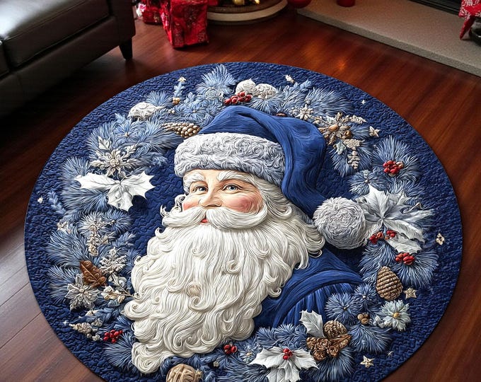 Blue Santa Claus Rug, 3D Printed Christmas Round Mat, Vintage Holiday ...