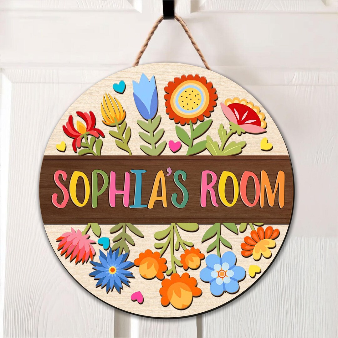 2 Layers Kids Room Wooden Door Sign With Colorful Flowers, Custom Girl ...