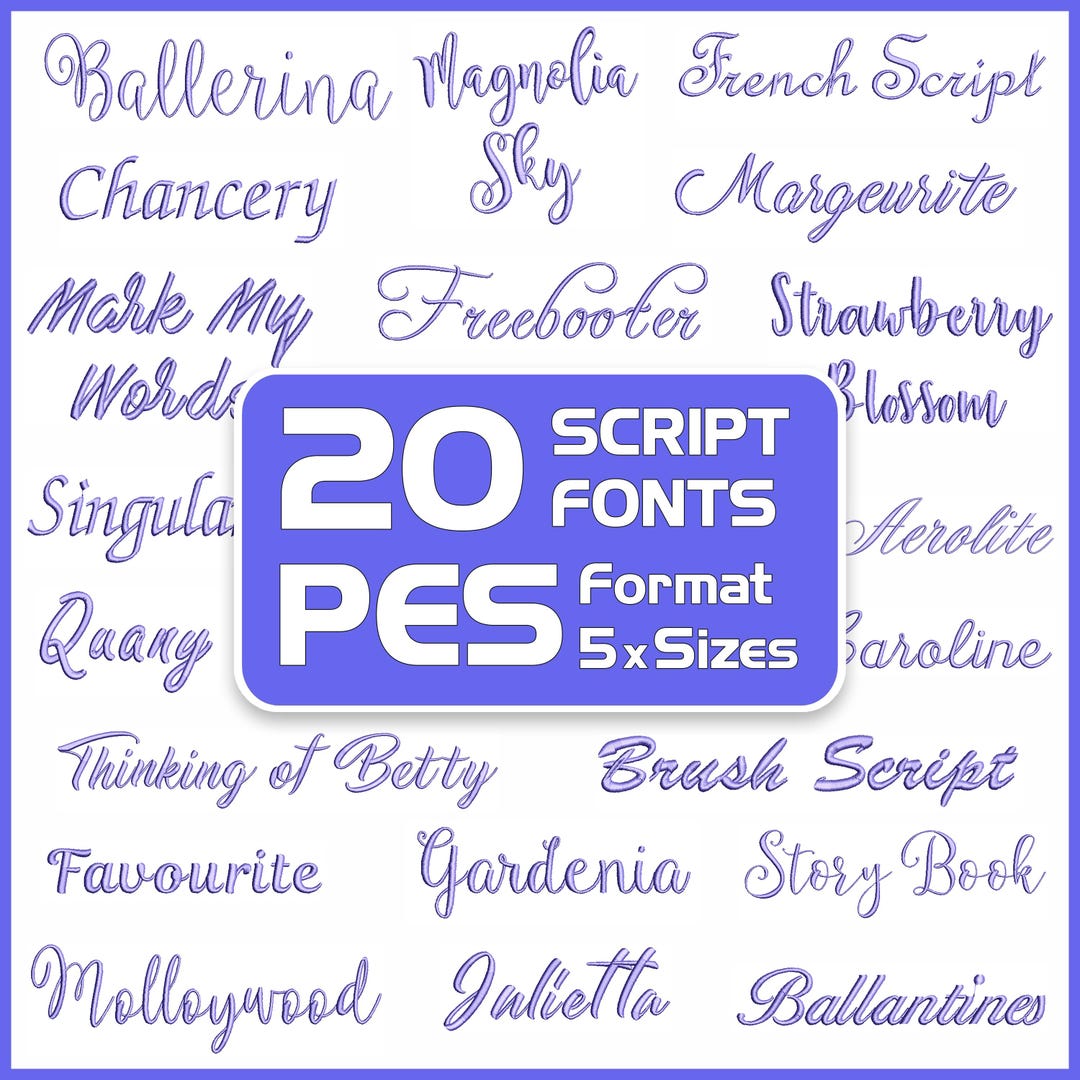 PES Script Embroidery Fonts PES, 20 Font Set, Cursive Embroidery ...