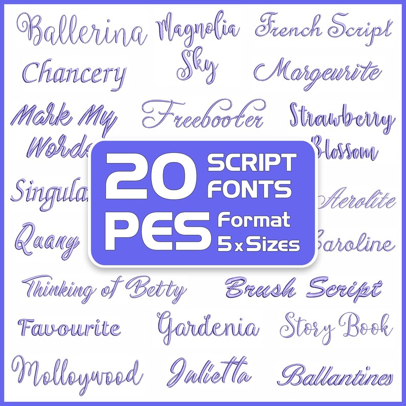 PES Script Embroidery Fonts PES, 20 Font Set, Cursive Embroidery ...