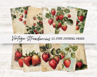 Páginas de diario de fresas, efímeras vintage imprimibles para scrapbooking, kit de manualidades de descarga digital