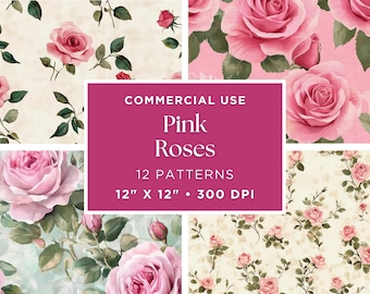 Papeles digitales florales Shabby Chic, fondos de rosas sin costuras para scrapbooking y diarios basura, paquete imprimible