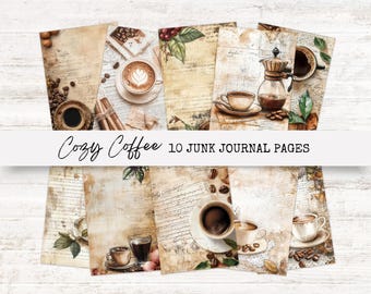 May include: Ten digital printable journal pages with a vintage aesthetic featuring coffee cups, coffee beans, and the text "Cozy Coffee".