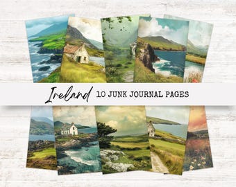 May include: Ten digital printable journal pages featuring scenic views of Ireland. The pages include images of green hills, blue water, stone cottages, and a stone wall.