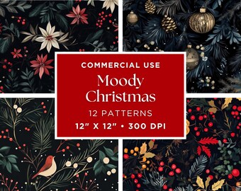 Paquete de papel digital navideño con un ambiente melancólico: fondos festivos vintage, oscuros y góticos para manualidades
