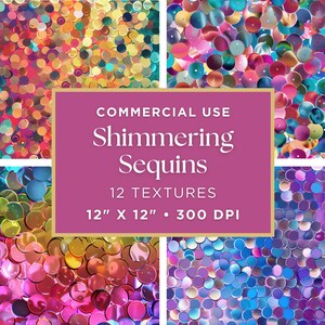 Puede incluir: Doce texturas de papel digital con lentejuelas iridiscentes brillantes en varios colores, incluyendo rosa, azul, verde, dorado y morado. Las texturas son de 30,48 cm por 30,48 cm y 300 DPI.  USO COMERCIAL.