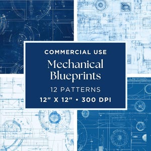 Könnte beinhalten: Zwölf digitale Muster von blauen und weißen mechanischen Bauplänen. Jedes Muster ist 30,5 cm x 30,5 cm groß und hat 300 DPI. Der Text "COMMERCIAL USE Mechanical Blueprints 12 PATTERNS 12" X 12" - 300 DPI" befindet sich in der Mitte des Bildes.