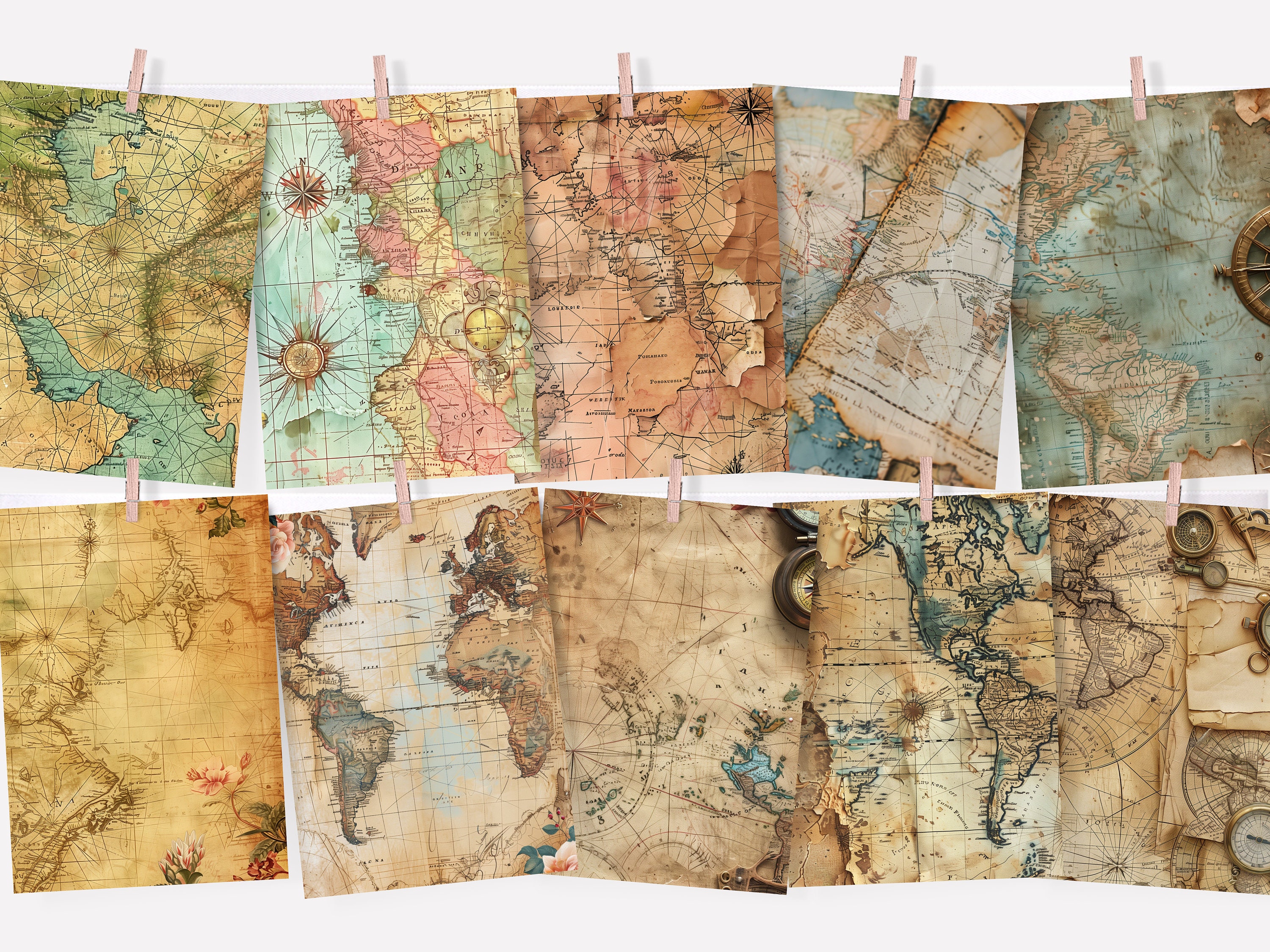 Vintage Map Junk Journal Pages - Printable Antique World Maps - Digital ...