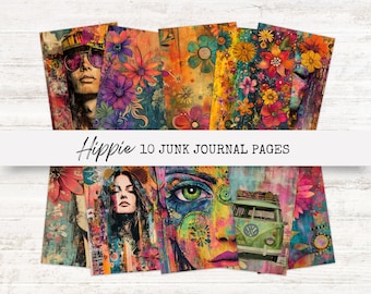 May include: A collection of ten junk journal pages with a vibrant, colorful hippie theme. The pages feature artistic portraits, flowers, and a vintage VW bus, with the word "Hippie" displayed in a script font.