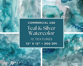 Teal And Silver Digital Paper | Watercolor Floral Splash | Watercolor Clipart | Teal Watercolor Washes | Luxury Designer Digital Paper
