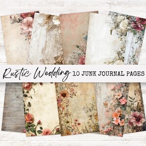 May include: Ten digital printable pages featuring rustic wedding themed designs. The pages feature floral patterns with a vintage aesthetic. The pages are perfect for junk journaling, scrapbooking, or card making.