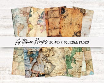 Vintage Landkarte Junk Journal Seiten - Druckbare Ephemera - Gebeizte Papiere - Reise Scrapbook Kit