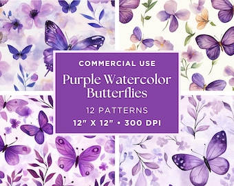 Purple Digital Butterfly Paper Set, Printable Floral Backgrounds, Scrapbook Supplies, Crafting Essentials