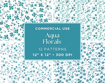 Digital Paper | Scrapbook Paper | Aqua Flowers | Teal Blue | Digital Background | Commercial Use | Blue Florals | Teal Flowers