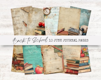 May include: Ten printable junk journal pages with a back to school theme. The pages feature vintage style designs with books, pencils, apples, clocks, and glasses.