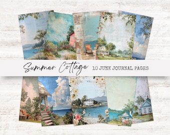 May include: A collection of ten junk journal pages with a summer cottage theme. The pages feature watercolor illustrations of coastal scenes, cottages, and floral accents. The words "Summer Cottage" and "10 Junk Journal Pages" are displayed.