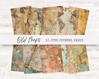 May include: A collection of ten vintage-style junk journal pages featuring antique world maps. The maps have a weathered, aged appearance with tan, brown, and blue tones. The text "Old Maps" and "10 Junk Journal Pages" is displayed on a white banner.