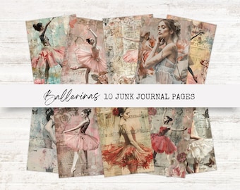 May include: Ten digital collage sheets featuring ballerinas in various poses. The sheets have a vintage aesthetic with a mix of textures, colours and patterns. The text "Ballerinas 10 JUNK JOURNAL PAGES" is at the top of the image.