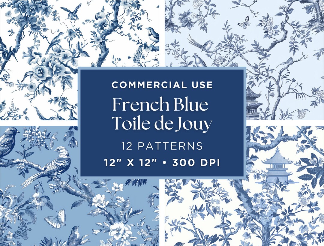 French Blue Floral Toile De Jouy Digital Paper Toile De Jouy Style ...