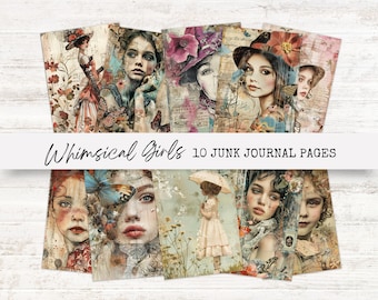 Whimsical Girls Junk Journal Pages, Digital Collage Kit, Printable Ephemera, Cute Girls Art, Craft Supplies